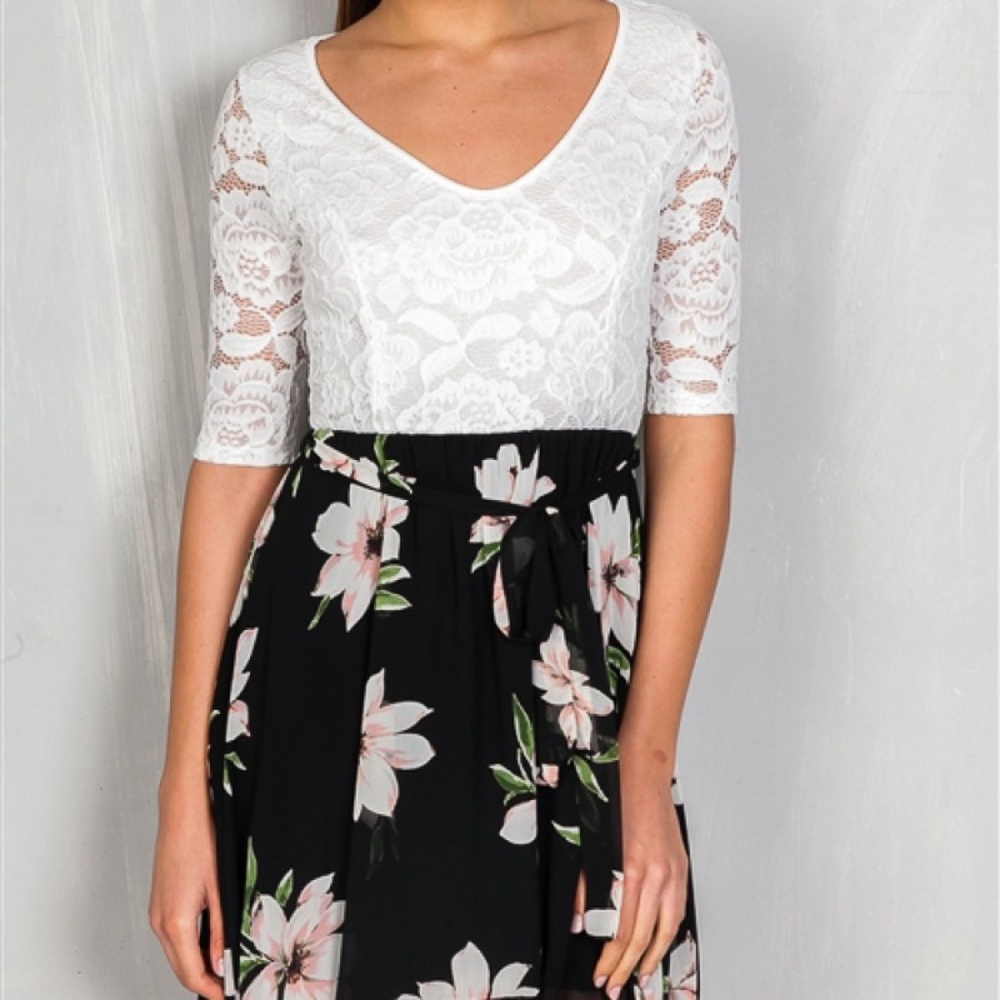 Lace Floral Belted Mini Dress